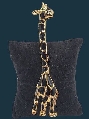 Giraffe Brooch Pin Gold Tone Black Enamel Spots Green Rhinestone Eye